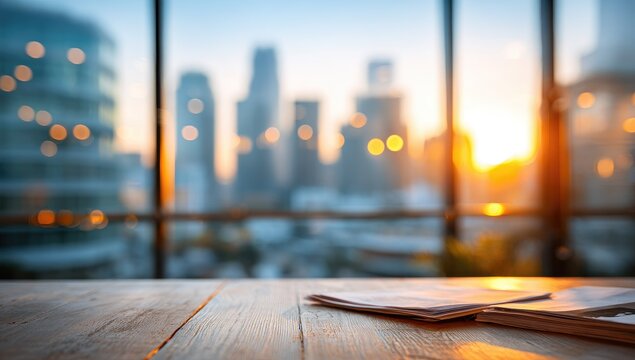 Cityscape view through window, wooden table - Powered by Adobe
