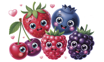 Cute Cartoon Berries with Happy Faces and Hearts