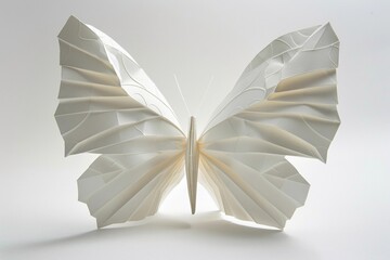 Delicate white origami butterfly crafted with intricate folds and patterns against a clean background highlighting its artistry and design