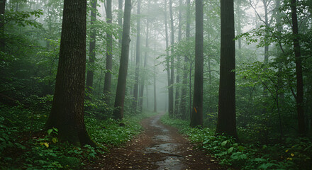 Obraz premium Misty Green Forest Path Surrounded by Tall Trees and Lush Vegetation in Morning Light