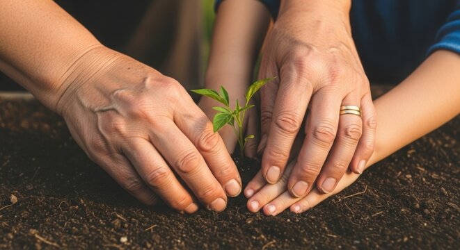 Family hands planting a small green seedling together in rich dark soil outdoors