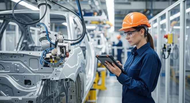 Female engineer in hard hat inspects car chassis on assembly line using tablet computer