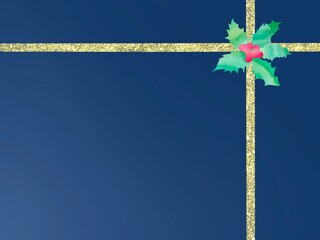 深い青色の包装紙に金色のリボンをかけたデザインのクリスマスフレーム。エレガントなお祝い向けイラスト。