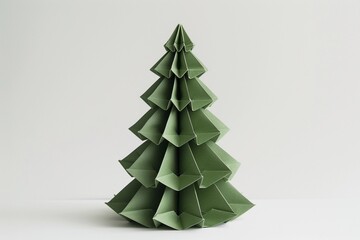 Creative green origami Christmas tree crafted from folded paper displayed on clean background
