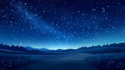 Starry night sky over a serene landscape with a pathway.