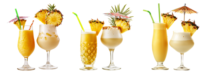 Tropical Cocktail Drinks with Pineapple and Umbrella Decorations, PNG bundle collection, Isolated on Transparent Background