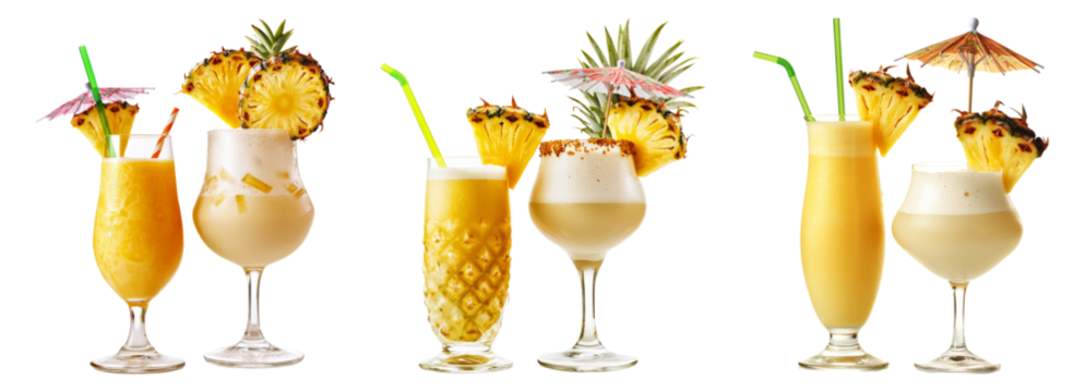 Tropical Cocktail Drinks with Pineapple and Umbrella Decorations, PNG bundle collection, Isolated on Transparent Background