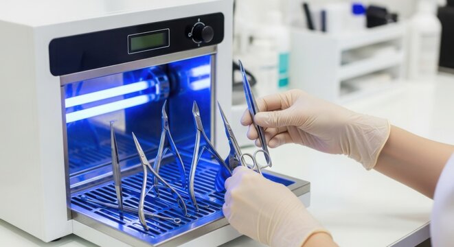 Gloved hands placing medical instruments into a uv sterilization cabinet for disinfection