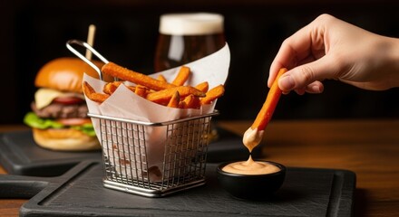 Hand dipping crispy sweet potato fries into creamy dipping sauce with burger and beer in background