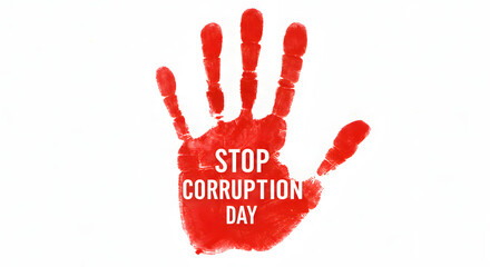 Red Handprint with Stop Corruption Day Message on White Background