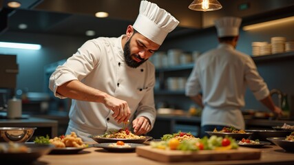  Chef garnishing a dish in a restaurant kitchen. Muslim business. Authentic Arabian style.
