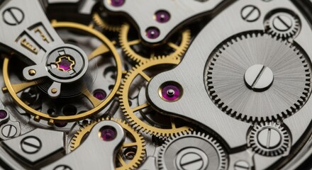 Intricate mechanical watch movement with polished gears and ruby bearings in close up detail