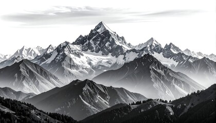 Monochromatic mountain range, snow-capped peaks, hazy valleys