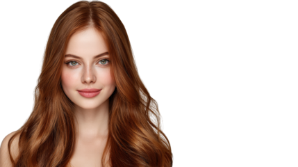 Elegant woman with long, flowing hair in a pink dress, studio portrait capturing beauty and style.