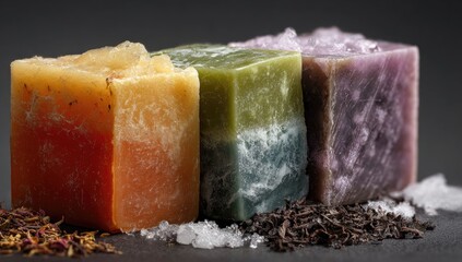 Four vibrant, cubed soaps in varying shades of orange, green, teal, and purple, displayed on a dark gray surface with tea leaves and ice