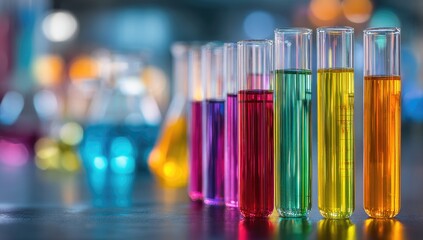 Colorful test tubes filled with liquids in a lab setting