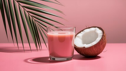 Refreshing pink coconut drink with palm leaf and half coconut on pink background