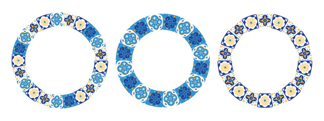 Set of round frames made of Mediterranean ceramic tiles in blue, yellow, and white. Bright ornamental design for summer invitations, wedding templates, travel cards, and digital scrapbooking. Vector.