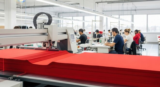 Modern textile factory with automated cutting machine and workers sewing in the background