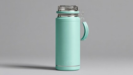 Mint-green, cylindrical water bottle with clear lid and carrying loops