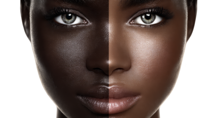 Intriguing portrait, woman with black face paint against a striking green background.