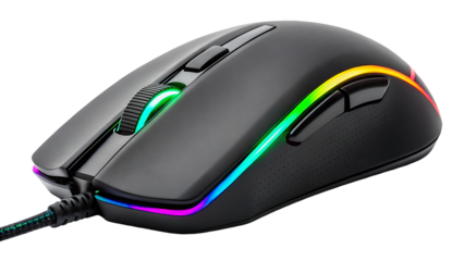 neon lit pc gaming mouse device isolated accessory for modern digital entertainment and esports technology and equipment used by professional gamers and streamers to play