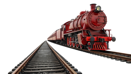 red old vintage retro classic historic locomotive train on railway railroad isolated on transparent background. transportation and travel steel track line industry perspective journey