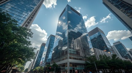 new york city skylineA ground-level view of a modern urban streetscape, with a central, towering glass skyscraper reflecting the bright sun and partially cloudy sky, surrounded by other contemporary o