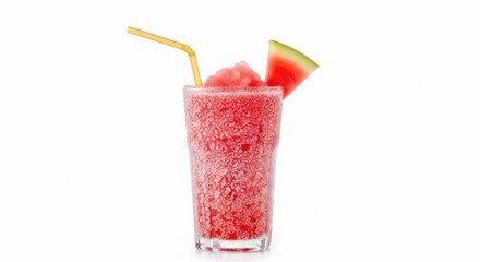 Refreshing cold watermelon slushy drink with straw and garnish in a tall glass