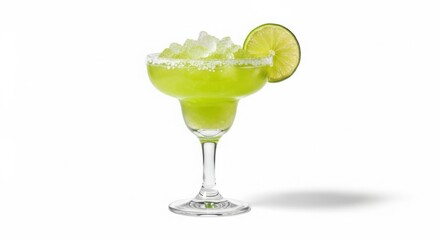 Refreshing frozen lime margarita cocktail in a salt rimmed glass with a lime wedge garnish