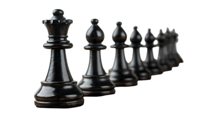 black chess pieces on the vintage wooden chessboard object isolated on transparent background. strategy battle sport intelligence game square object competition