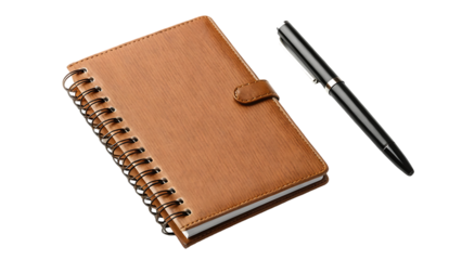 black pen and brown leather notebook isolated on transparent background. business notepad diary page spiral office document object planner text message write