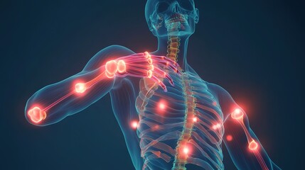 Neon - Colored Anatomical Illustration Of Human Body, Red - Highlighted Joint Pain Points On Dark Blue Medical Background, Healthcare Anatomy Pain Management Concept