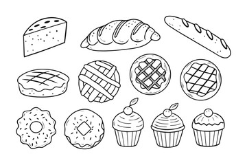 Artisan bakery collection: A top-down illustration displays an array of freshly baked pastries and bread. The hand-drawn style captures the deliciousness of artisan bakery goods.