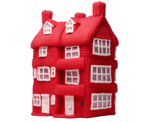 Charming red knitted toy house with white window frames, exuding warmth and detail on transparent background