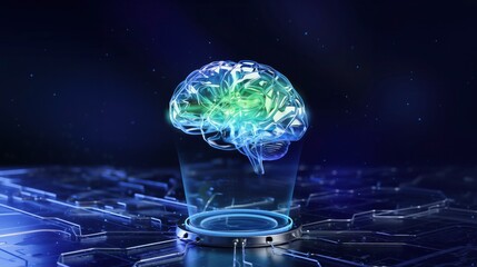 3D Wireframe Brain Hologram: Artificial Intelligence Floating Above a Glowing Digital Interface in a Futuristic Blue Horizont Space — AI, Deep Learning, Neural Networks, Machine Technology Background.