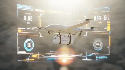 Drone delivering medical supplies over a rugged landscape with digital interface displaying data - Powered by Adobe