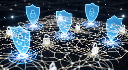 Network security concept with shields and lock icons, protection of digital data network, secure
