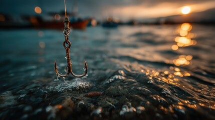 Fishing hook submerged in water at sunset