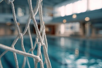 Close-up of a white net, a pool in the background