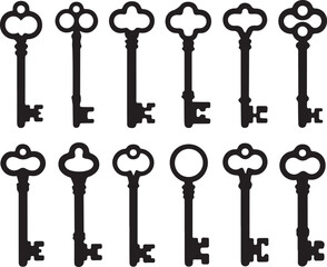 Antique key silhouettes Medieval and modern keys silhouette vector illustration