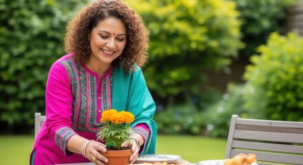 Smiling woman with curly hair in colorful clothing tending to a potted marigold flower in a garden