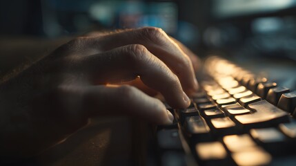 Close-up of a person's hands typing on a computer keyboard, with warm light reflecting off the keys. This image emphasizes the interaction between the fingers and the keys, indicating concentration 