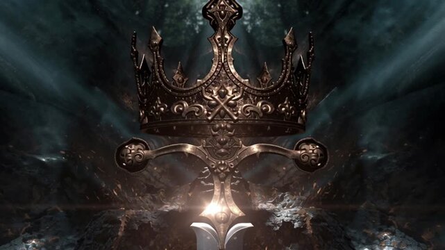 Ornate Gold Crown Atop a Silver Sword in Dark Forest Setting