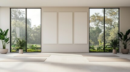 Fototapeta premium Minimalistic modern yoga studio with large windows serene nature view calm environment tranquil space