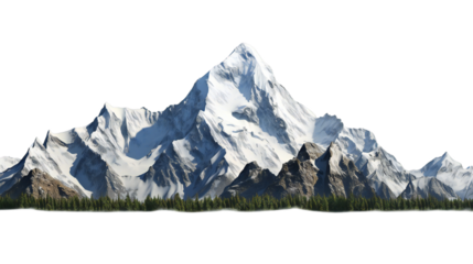 Majestic snow capped mountain range with evergreen trees isolated on a transparent background.