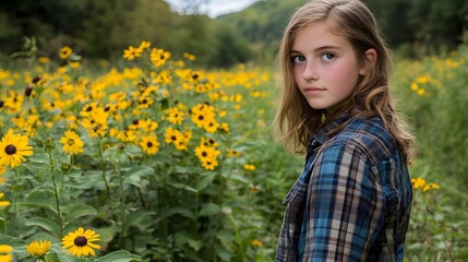 Naklejka premium Teenage Girl in a Field of Yellow Flowers Summer Portrait