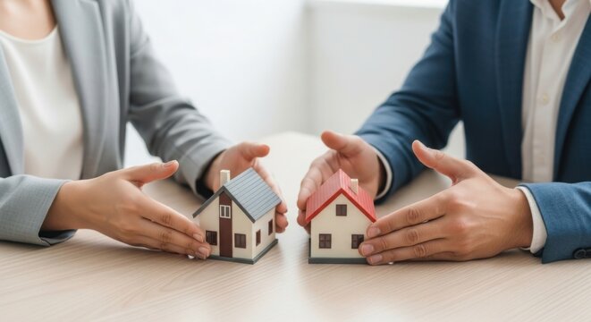 Two people protect and divide miniature houses symbolizing property division and real estate decisions