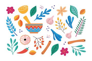 Botanical Culinary: An artfully composed flatlay of colorful botanical elements, including fresh herbs, spices, and a mortar and pestle.