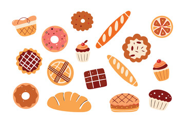 Variety of Baked Goods: A colorful illustration of a delightful assortment of baked goods, featuring cakes, bread, and pastries, perfect for any bakery or dessert-related design.